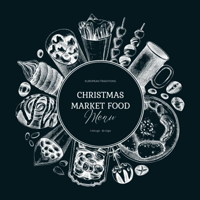 Christmas market food menu design. Hand-drawn vector illustration. Mulled wine, sweets, raclette, French fries, pastries, grilled sausages  sketches. European Christmas fair wreath on chalkboard
